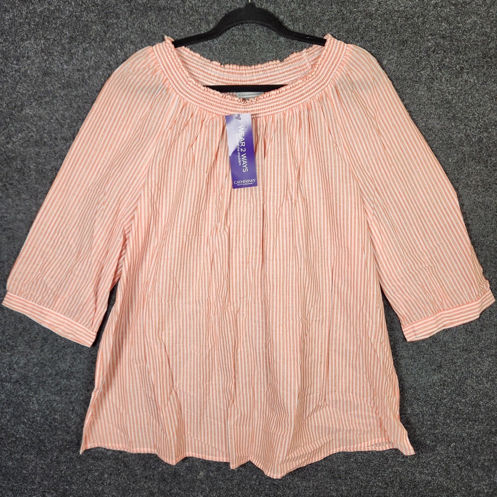 Catherines Womens Plus Sized OX Striped Smocked Neckline Boho Peasant Top Breezy